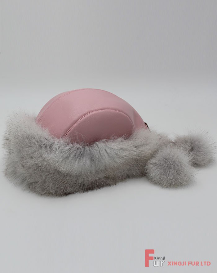Blue Fox Fur Hat with Leather