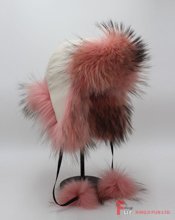 Raccoon Fur Hat with Leather Cover