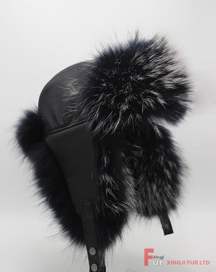 Raccoon Fur Hat with Leather Cover