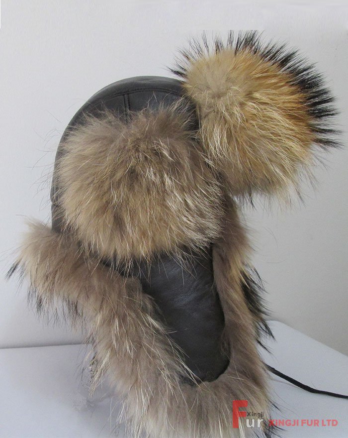 Raccoon Fur Hat with Leather Cover