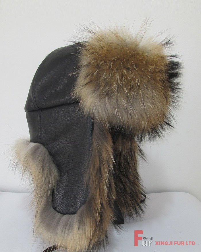 Raccoon Fur Hat with Leather Cover