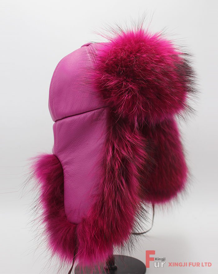 Raccoon Fur Hat with Leather Cover