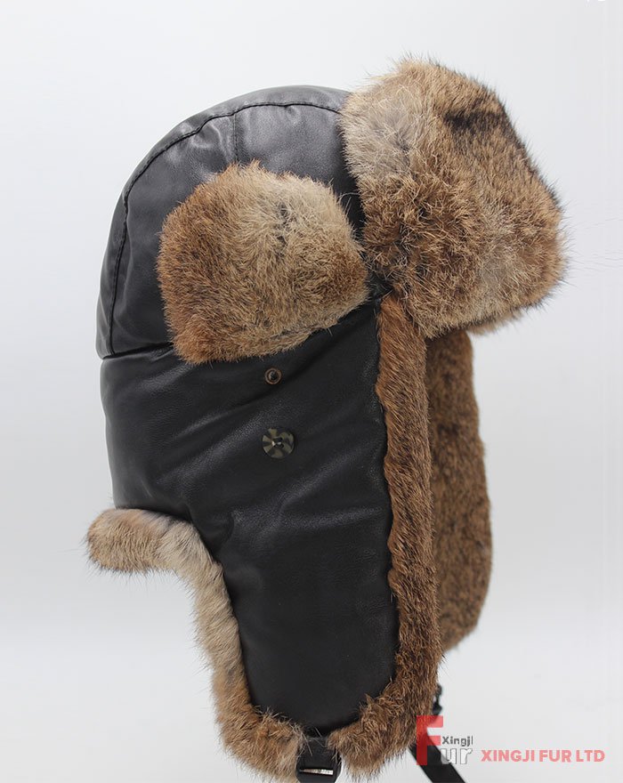 Rabbit Fur Hat with Leather Cover