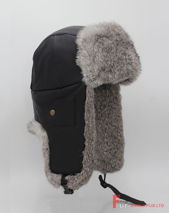 Rabbit Fur Hat with Leather Cover